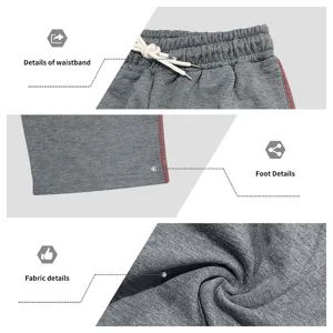 Men's casual grey sweatpants detail view showing elastic waistband, cuffs, and soft fabric.