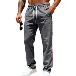 Men's casual loose straight-leg sweatpants in gray with drawstring and stylish side stripe.