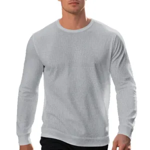 Men casual waffle knit long sleeve crewneck t-shirt solid color spring autumn top