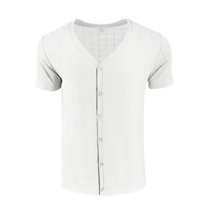 Men's white short sleeve V-neck button down cardigan t-shirt, casual breathable texture top.