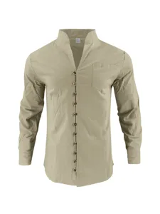 Men's casual long sleeve button down shirt, mandarin collar beach top, detailed view.
