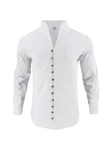 Men's solid color long sleeve henley shirt with button down design and chest pocket casual top.