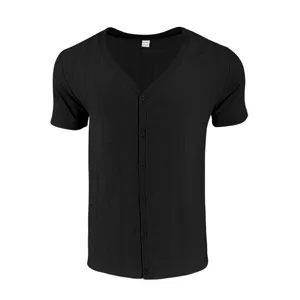 Men's Black Short Sleeve V-Neck Button Cardigan T-Shirt in Slub Fabric Summer Style