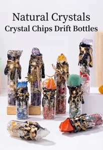Detail view of assorted natural crystal drift bottles with decorative black and gold wax seal