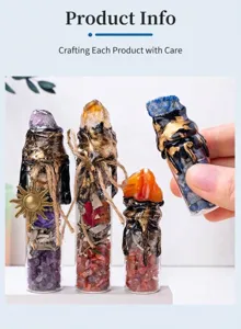 Detailed view of handmade magic wishing bottles filled with natural crushed crystals
