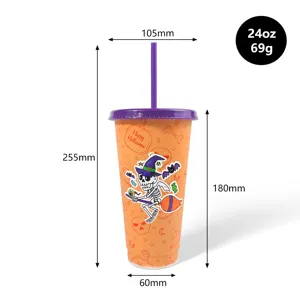 Vaso Halloween 24oz que cambia de color con pajita, taza de plástico naranja muy resistente