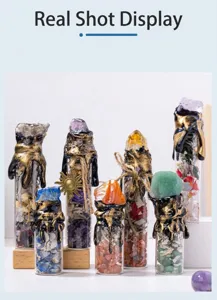 Macro detail of magic wish bottles with natural crystal stones and resin drip seal