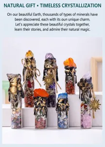 Close-up macro view of magic crystal jars filled with colorful stones and dried herbs