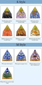 Variety of Orgonite crystal pyramids with different gemstones and tree of life designs