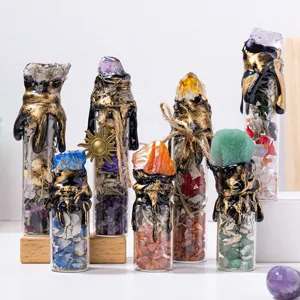 Handmade natural crystal chip wish bottles and magic spell jars for mystical home decor.