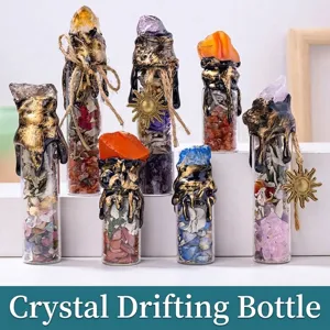 Handmade natural crystal stone drift bottles with dripping wax seal and sun charm decor