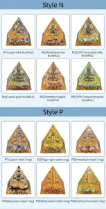 Detailed grid of orgonite pyramids with natural crystals and metal Buddha motifs