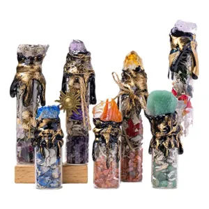 Handmade magic spell jars with natural crystal chips and dried herbs for home decor.
