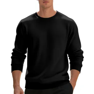 Detail shot of men's plain black crewneck sweatshirt, casual classic long sleeve pullover.