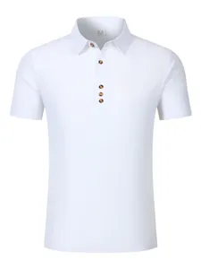 Men's short sleeve linen polo shirt casual breathable summer white lapel top view