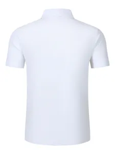 Back detail view of a white casual short-sleeve polo shirt with lapel collar for men summer.