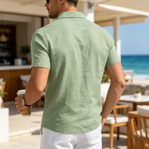 Mens linen polo shirt short sleeve casual resort wear summer breathable lightweight top.