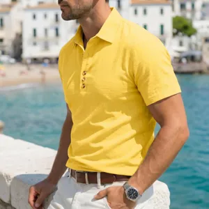 Men's summer short sleeve linen polo shirt, breathable casual lapel top for resort vacation.