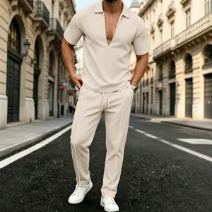 Men summer casual knit two-piece set with deep V-neck short sleeve polo shirt and matching pants.