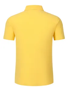 Detail view of the yellow short sleeve polo shirt, featuring a classic lapel design.