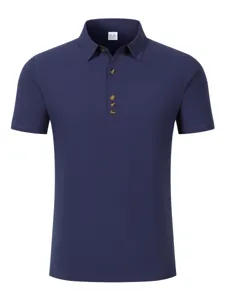 Men's casual short sleeve polo shirt, breathable cotton linen fabric, navy blue daily wear.