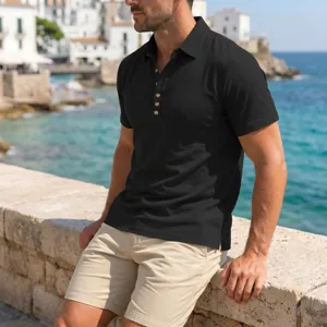 Men short sleeve polo shirt detail scene showing breathable fabric and lapel design.