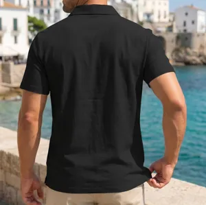 Men's black short-sleeve lapel polo shirt for casual summer vacation, outdoor lifestyle view.