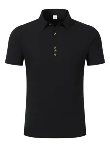 Detail view of men's casual black short-sleeve linen polo shirt, breathable summer top.