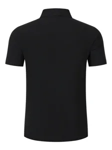 Detailed back view of the classic black men's casual short sleeve polo shirt garment.