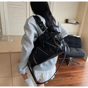 Women black PU leather shoulder bag casual crossbody travel handbag large capacity fashion