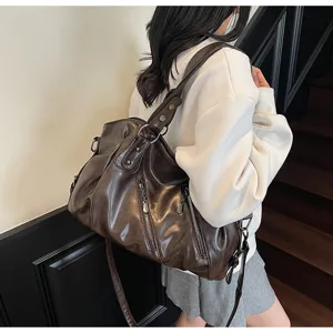 Women large capacity brown slouchy shoulder bag stylish casual crossbody hobo tote bag