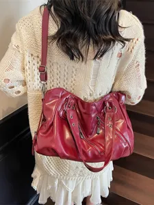 Women fashion burgundy leather shoulder bag large capacity tote crossbody bag for travel
