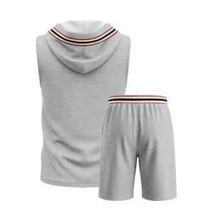 Grey sleeveless hoodie and shorts set back view featuring striped ribbing knit details.