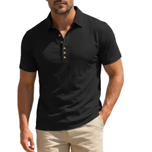 Men's black short sleeve polo shirt casual slim fit summer business casual knit top main view.