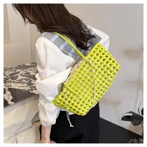 Summer green PVC woven handbag, large capacity chic shoulder bag for beach vacation and daily use.