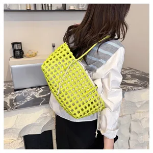 Summer PVC woven tote bag for women, stylish large capacity beach and picnic handbag.
