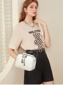 White quilted shoulder bag stylish soft leather crossbody bag with chain strap and charm