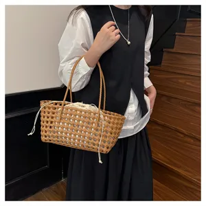 Summer PVC woven handbag with white drawstring inner bag, stylish casual beach tote bag.