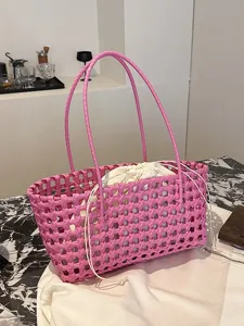 Summer Large Capacity PVC Woven Tote Bag Women Casual Beach Vacation Handbag Waterproof Solid Color Shopper Bag