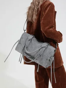 Retro motorcycle style large capacity women's shoulder bag, grey tote bag, casual commuter handbag.