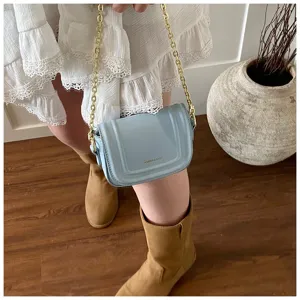 Detail view of a stylish light blue crossbody bag featuring a chic gold chain strap for women.
