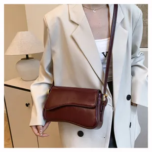 Retro solid color PU leather shoulder bag for women, chic vintage crossbody bag with flap.