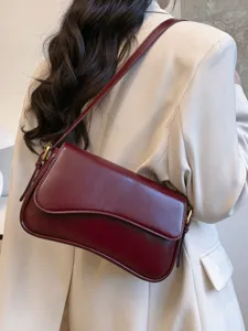 Retro solid color shoulder bag for women, stylish minimalist PU leather crossbody bag