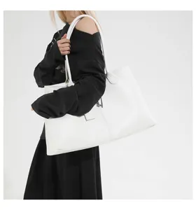 Women large white leather commuter tote bag, casual shoulder underarm bag for daily use.