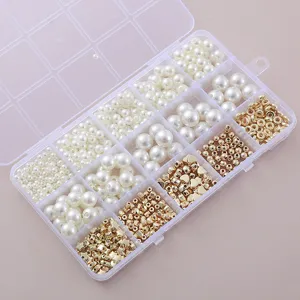DIY pearl and gold spacer bead set in 15-grid storage box for handmade jewelry making crafts
