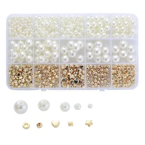 DIY Beaded Jewelry Making Kit with 15 Grids White Pearls and Gold Spacer Beads for Crafts