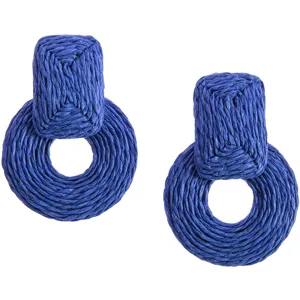Blue woven geometric earrings detail, stylish rectangle and circle straw braid drop design.