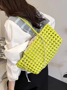 Women neon green PVC woven shoulder bag, large capacity summer beach tote and casual handbag.