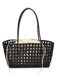 Black PVC woven tote bag with white drawstring inner pouch, stylish summer beach handbag.