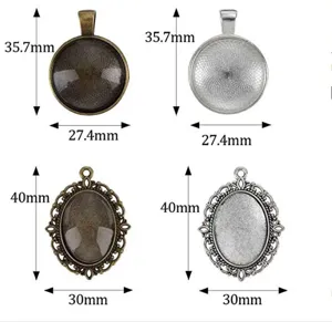 Detail view showing dimensions of DIY bronze and silver round and oval pendant trays.